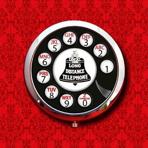 Rotary Phone Telephone Dial Vintage Pop Art Retro Round Metal Makeup Hand Pocket Compact Mirror