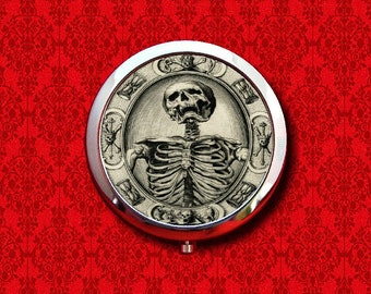 Memento Mori Death Skeleton Skull Goth Round Metal Makeup Hand Pocket Compact Mirror