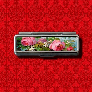 Flores rosas estilo vintage floral baratija alijo metal bálsamo labial brillo de labios goma hisopo de algodón maquillaje lápiz labial estuche protector