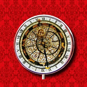 May include: A silver clock face with Roman numerals and a detailed, intricate design of a celestial map with gold accents. The clock face is set against a red background with a repeating floral pattern.