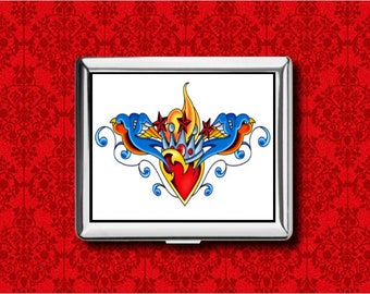 Swallow Heart Stars Old School Tattoo Vintage Style Bird Metal Wallet Stash Business Credit Card Sigaret ID iPod Houder Box Case