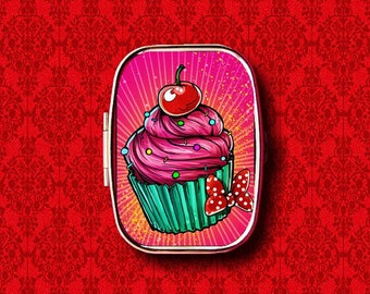 Cupcake Baker Cake Bow Sweets Kawaii Ring Trinket Stash Medicine Vitamins Gum Tic Tacs Mint Metal Pill Box Case Holder