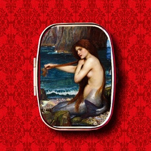 Mermaid John Waterhouse Pearls Ocean Pin Up Shells Ring Trinket Stash Medicine Vitamins Gum Tic Tacs Mint Metal Pill Box Case Holder
