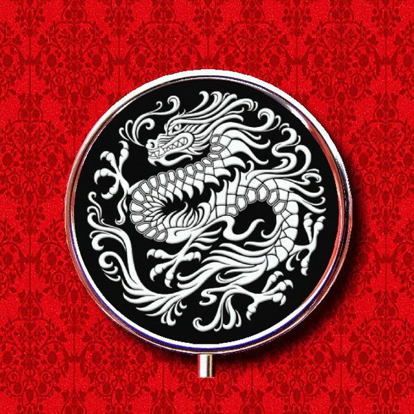 Chinese Dragon Asian Oriental Black White Ring Trinket Stash Medicine Vitamins Gum Tic Tacs Round Mint Metal Pill Box Case Holder