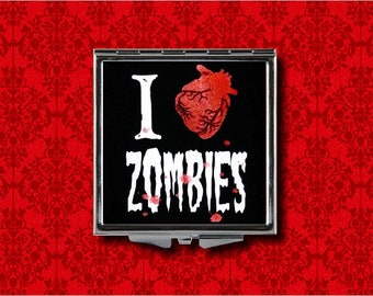 I Heart Love Zombies Anatomical Human Blood Vintage Style Metal Makeup Hand Pocket Compact Mirror