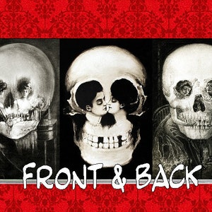 May include: A triptych art print featuring a skull illusion. The center panel shows two figures kissing, while the other panels depict scenes within the skull's form. The text "FRONT & BACK" is at the bottom.