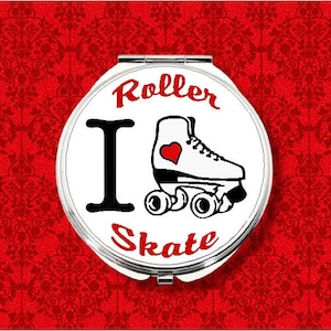 Derby de patins à roulettes I Heart, style vintage Love, miroir compact de poche pour les mains en métal, maquillage rond