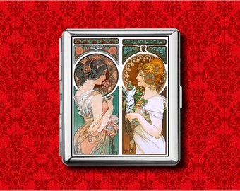 Primrose and Feather Alphonse Mucha Art Nouveau Metal Wallet Stash Business Credit Card Cigarette ID IPod Holder Box Case