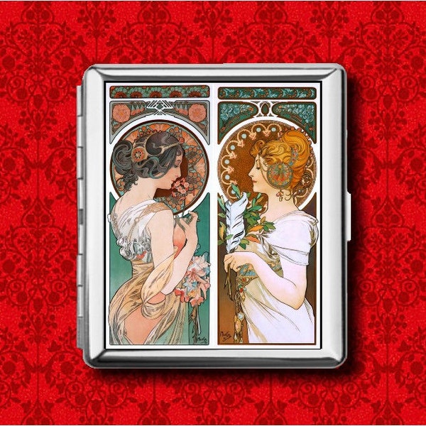 Primrose and Feather Alphonse Mucha Art Nouveau Metal Wallet Stash Business Credit Card Cigarette ID IPod Holder Box Case