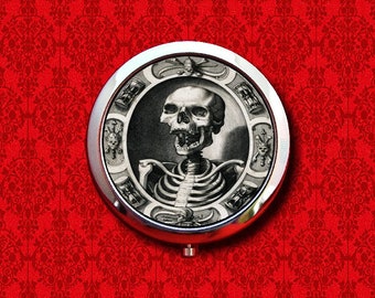 Memento Mori Death Skeleton Skull Goth Round Metal Makeup Hand Pocket Compact Mirror