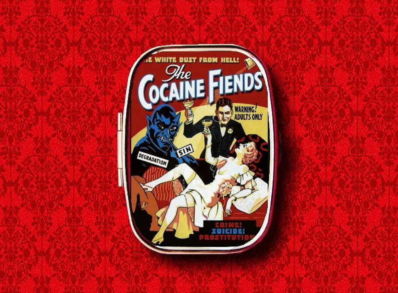 Cocaine Fiends Marijuana Vintage Movie Poster Advertisement Trinket Stash Medicine Vitamins Gum Tic Tacs Mint Metal Pill Box Case Holder 