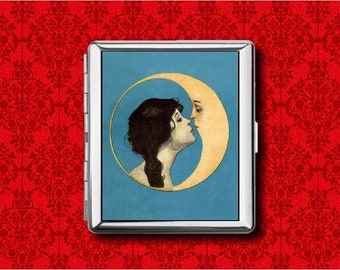 Flapper Kissing Man in the Moon Fairy Goddess Crescent Art Deco Metal Wallet Stash Business Credit Card Cigarette ID IPod Holder Box Case