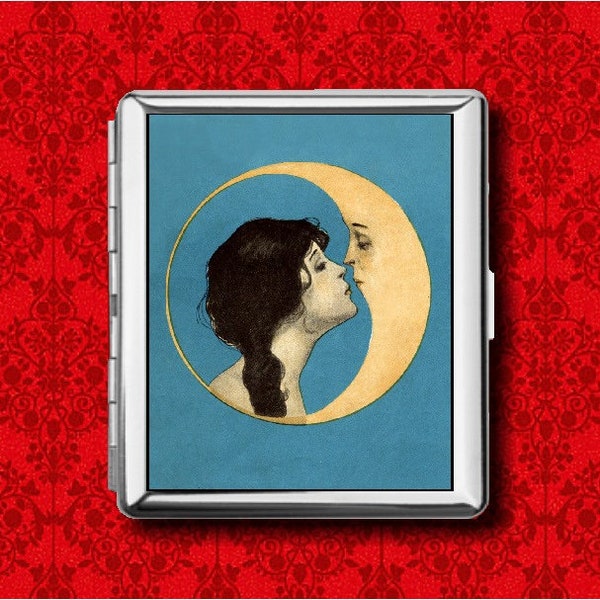 Flapper embrassant un homme sur la lune, fée, déesse, croissant, art déco, portefeuille en métal, cachette, carte de crédit professionnelle, carte d'identité de cigarette, étui pour iPod