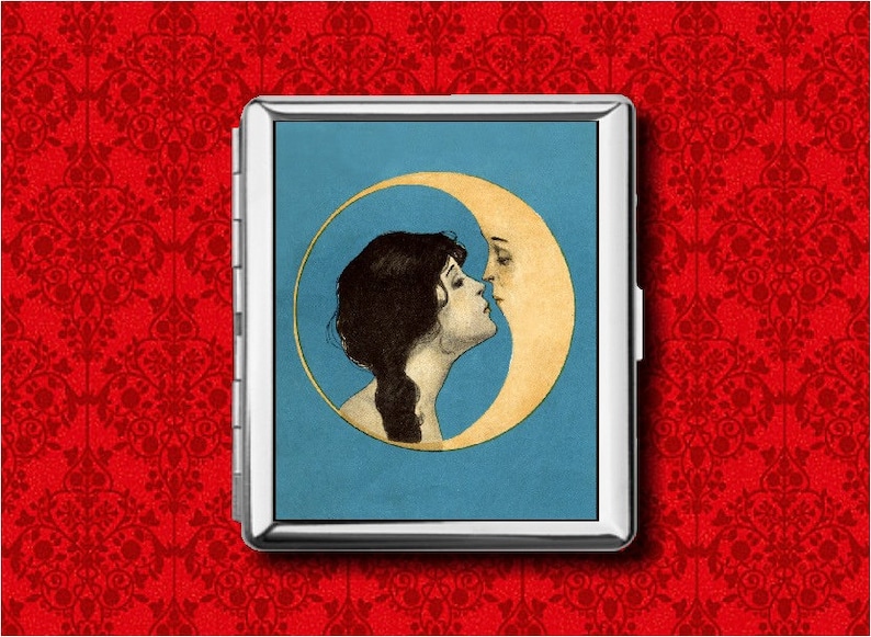 Flapper Kissing Man in the Moon Fairy Goddess Crescent Art Deco Metal Wallet Stash Business Credit Card Cigarette ID IPod Holder Box Case 