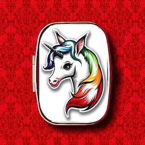 Unicorn Rainbow Horn Horse Retro Pop Art Ring Trinket Stash Medicine Vitamins Gum Tic Tacs Mint Metal Pill Box Case Holder