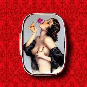 Pin Up Girl Rose Sexy Flower Vargas Vintage Ring Trinket Stash Medicine Vitamins Gum Tic Tacs Mint Metal Pill Box Case Holder