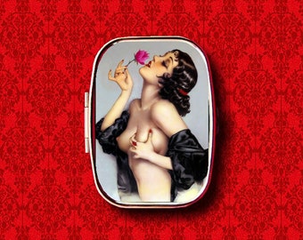 Pin Up Girl Rose Sexy Flower Vargas Vintage Ring Trinket Stash Medicine Vitamins Gum Tic Tacs Mint Metal Pill Box Case Holder