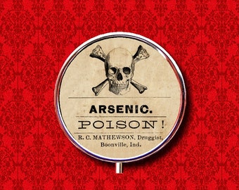 Arsenic Poison Skull Crossbones Vintage Label Ring Trinket Stash Medicine Vitamins Gum Tic Tacs Round Mint Metal Pill Box Case Holder