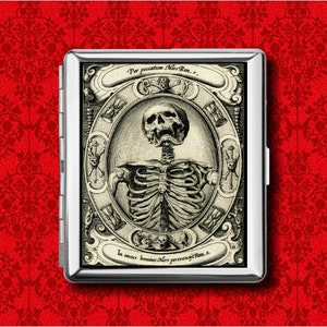 Cartera gótica de metal con esqueleto de la muerte Memento Mori, estuche para guardar tarjetas de crédito, cigarrillos, identificación y soporte para iPod