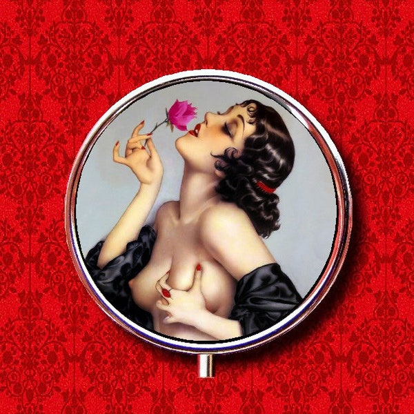 Pin Up Girl Rose Sexy Flower Vargas Vintage Ring Trinket Stash Medicine Vitamins Gum Tic Tacs Round Mint Metal Pill Box Case Holder