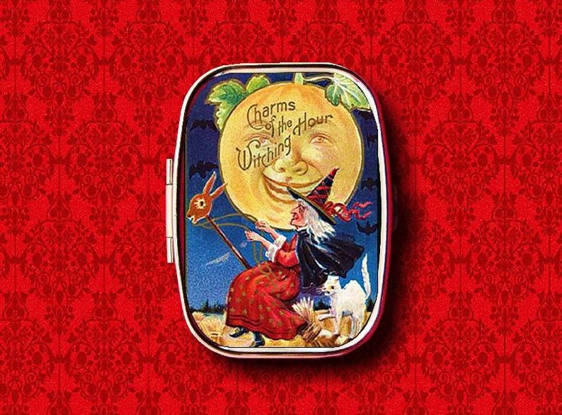 Witch Halloween Moon Cat Vintage Postcard Ring Trinket Stash Med Witch Halloween Moon Cat Vintage Postcard Ring Trinket Stash Med