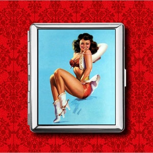 Cowgirl Pin Up Girl Country Western Metal Wallet Stash Business Credit Card Cigarette ID IPod Holder Box Case