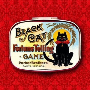 Gioco di predizione del futuro con gatto nero, carte dei tarocchi psichici, anello, nascondiglio per gingilli, medicine, vitamine, gomme da masticare, tic-tac, menta, scatola per pillole in metallo
