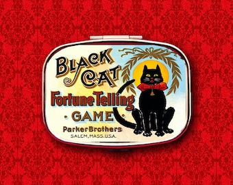 Black Cat Fortune Telling Game Psychic Tarot Cards Ring Trinket Stash Medicine Vitamins Gum Tic Tacs Mint Metal Pill Box Case Holder