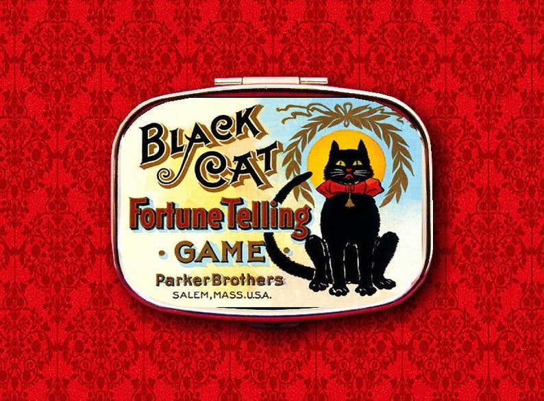 Black Cat Fortune Telling Game Psychic Tarot Cards Ring Trinket Stash Medicine Vitamins Gum Tic Tacs Mint Metal Pill Box Case Holder image 1
