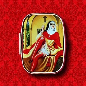Nun Smoking Pin Up Girl Vintage Sexy Cross Convent Ring Trinket Stash Medicine Vitamins Gum Tic Tacs Mint Metal Pill Box Case Holder image 1