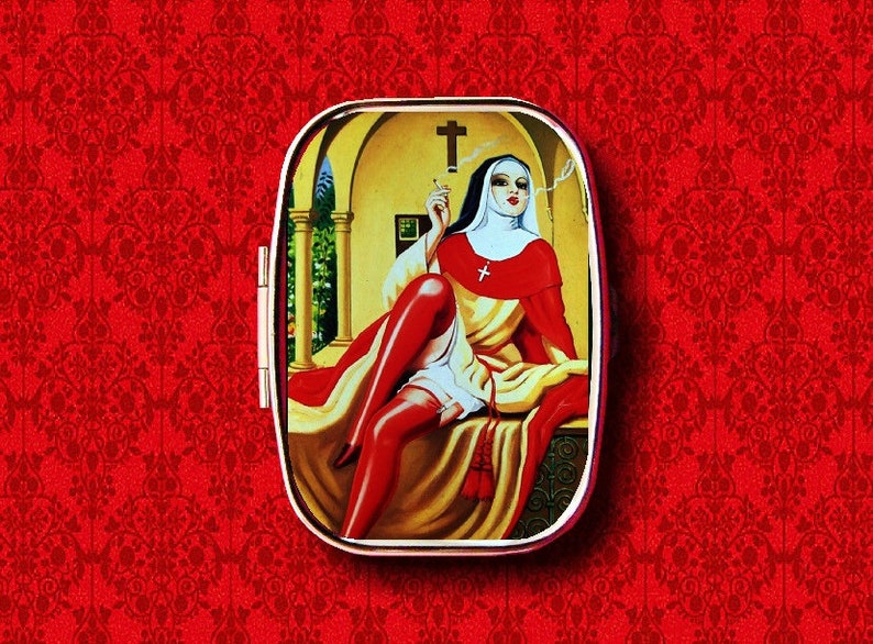 Nun Smoking Pin Up Girl Vintage Sexy Cross Convent Ring Trinket Stash Medicine Vitamins Gum Tic Tacs Mint Metal Pill Box Case Holder image 1