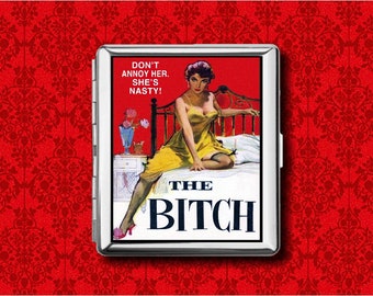 Bitch Pin Up Girl Pulp Fiction Metal Wallet Stash Credit Card Business Card Cigarette ID IPod Case Holder