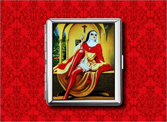 Nun Smoking Pin up Girl Vintage Sexy Cross Convent Vintage Metal Wallet  Stash Business Credit Card Cigarette ID Ipod Holder Box Case