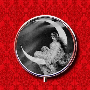 Fairy Moon Goddess B&W Pin Up Girl Stars Ring Trinket Stash Medicine Vitamins Gum Tic Tacs Round Mint Metal Pill Box Case Holder