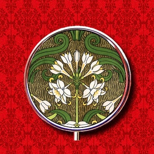 Art Nouveau Jonquil Flower Floral Vintage Ring Trinket Stash Medicine Vitamins Gum Tic Tacs Round Mint Metal Pill Box Case Holder