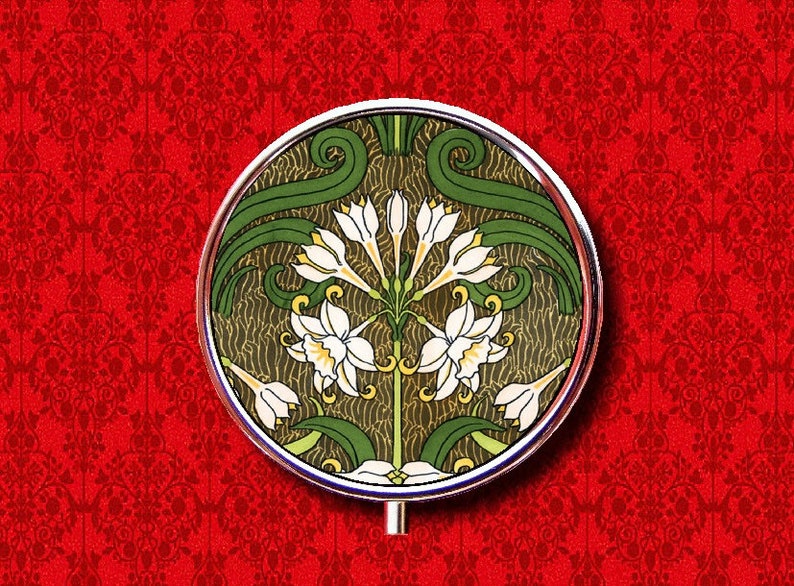 Art Nouveau Jonquil Flower Floral Vintage Ring Trinket Stash Medicine Vitamins Gum Tic Tacs Round Mint Metal Pill Box Case Holder image 1