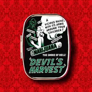 Plakat filmowy z marihuaną "Devil's Harvest" w stylu vintage, reklama drobiazgów, leki, witaminy, guma do żucia Tic Tac, miętowe metalowe pudełko na tabletki