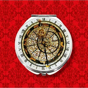 Astro Clock Astronomical Prague Steampunk Medieval Astrology Round Metal Makeup Hand Pocket Compact Mirror