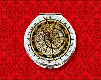 Astro Clock Astronomical Prague Steampunk Medieval Astrology Round Metal Makeup Hand Pocket Compact Mirror