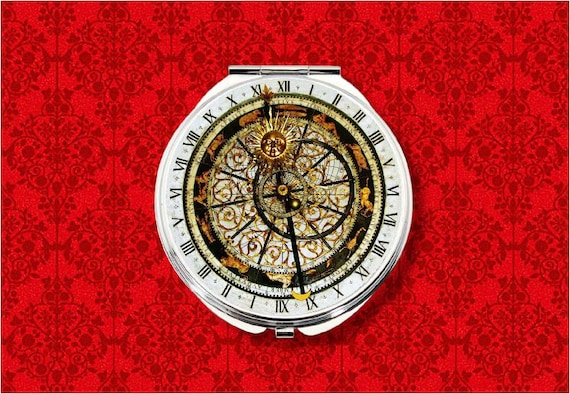 Astro Clock Astronomical Prague Steampunk Medieval Astrology Round Metal Makeup Hand Pocket Compact Mirror
