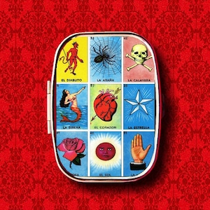 Anillo de calavera vintage, baratija, medicina, vitaminas, chicles, tictacs, pastillero de metal con menta, juego de adivinación, lotería, tarot