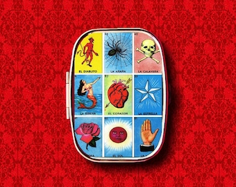 Loteria Tarot Card Fortune Telling Game Vintage Calavera Ring Trinket Stash Medicine Vitamins Gum Tic Tacs Mint Metal Pill Box Case Holder