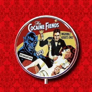 Cocaïne Fiends Marihuana Vintage Filmposter Advertentie Ring Trinket Stash Geneeskunde Vitaminen Gum Tic Tacs Ronde Mint Metalen Pillendoosje Gevalhouder