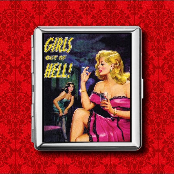 Girls Out Of Hell Smoking Pin Up Girl Pulp Fiction Vintage Metal Wallet Stash Business Credit Card Cigarette ID IPod Holder Box Case