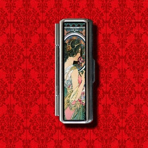 Primrose Alphonse Mucha Art Nouveau Lady Woman Girl Trinket Stash Metal Lip Balm Lip Gloss Gum Cotton Swab Makeup Lipstick Case Holder