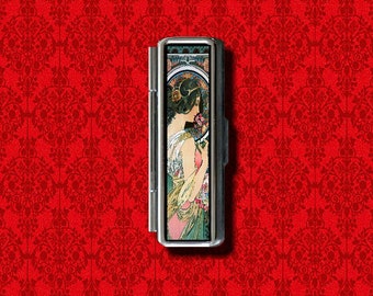 Primrose Alphonse Mucha Art Nouveau Lady Woman Girl Trinket Stash Metal Lip Balm Lip Gloss Gum Cotton Swab Makeup Lipstick Case Holder