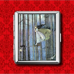 Witch Flying on a Broom Black Cat Owl Metal Wallet Stash Business Credit Card Cigarette ID IPod Holder Box Case