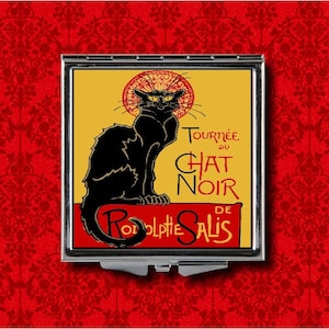 Tournee Du Le Chat Noir De Rodolphe Salis Black Cat Advertising Metal Makeup Hand Pocket Compact Mirror