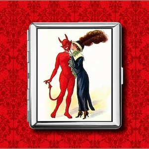 Monedero de metal victoriano vintage con forma de beso de San Valentín y diablo rojo, estuche para guardar tarjetas de crédito, cigarrillos, identificación y soporte para iPod