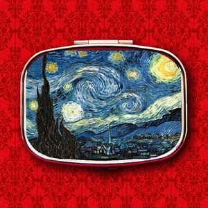 Starry Night Art Painting Stars Moon Vincent Van Gogh Ring Trinket Stash Medicine Vitamins Gum Tic Tacs Mint Metal Pill Box Case Holder